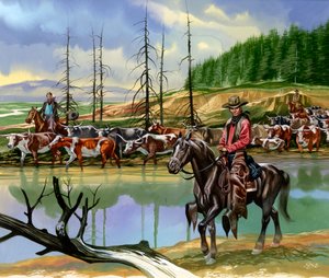 Texanische Cowboys treiben Rinder nach Norden