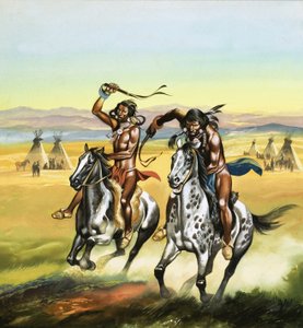 Unidentifizierte Indianer peitschen ihre Pferde