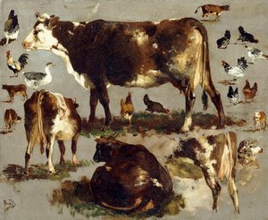 Studien von Kühen, Hühnern, Hähnen, einer Gans und einem Schaf von Rosa Bonheur