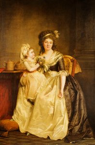 Porträt einer Dame, sitzend in voller Länge an einem Tisch, mit ihrer Tochter, die einen Blumenstrauß hält von Rose Adelaide Ducreux