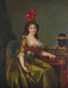 Porträt einer Dame in einem grünen Satinkleid und einer Haube mit roten Bändern von Rose Adelaide Ducreux