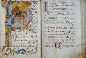 Chorbuch „D“, ausgestellt in der Kathedrale von Santo Stefano: eine historiierte Initiale, die die Geburt Christi darstellt, ca. 1429-35 von Rossello di Jacopo Franchi