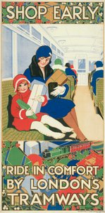 Kaufen Sie früh ein, fahren Sie bequem mit den Straßenbahnen Londons, London County Council Tramways Poster, 1928 von Rowles