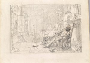 Mann in Fauteuil und Tod bei Türe von Rudolf Hausleithner