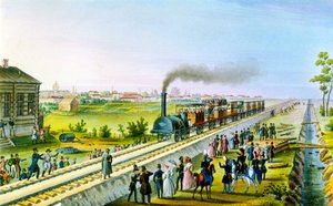 Eröffnung der ersten Eisenbahnlinie von St. Petersburg nach Pawlowsk, Russland, 1830er