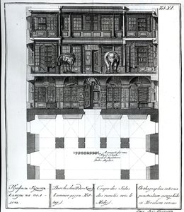 Querschnittsansicht der Halle der Raritäten nach Süden, Illustration in Chambers der St. Petersburger Kaiserlichen Akademie der Wissenschaften Bibliothek und Galerie mit Plänen, Fassaden und Profilen von Johann von Russian School