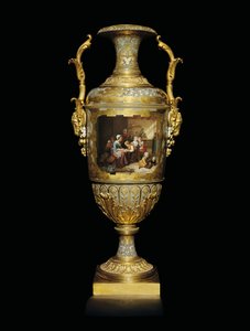 Ein Alexander II Porzellan- und Goldblattvase mit zwei Henkeln, bemalt mit einer Schulszene nach B, 1866