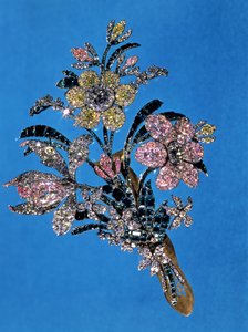 Brosche in Form eines großen Straußes mit Brillantschliff-Diamanten und Smaragden, ca. 1760 (Gold, Silber, Diamanten und Smaragde)
