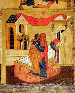 Ikone, die das Treffen am Goldenen Tor darstellt (Detail) von Russian School