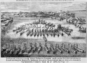 Seeschlacht zwischen den Schweden und den Russen bei Hango Head, 1714 von Russian School