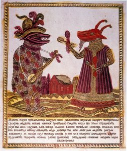 Traditioneller Farbholzschnitt, Illustration einer Geschichte über einen Bären und eine Ziege. Russisch ca. 1830 (Gravur) von Russian School
