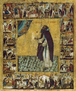 Heiliger Barlaam von Khutyn mit Szenen aus seinem Leben, 1560er Jahre von Russian icon.
