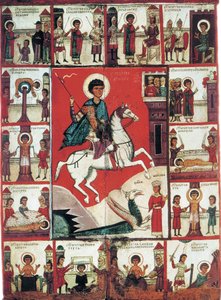 Sankt Georg mit Szenen aus seinem Leben, 14. Jahrhundert von Russian icon.