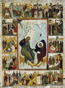 Der heilige Johannes der Evangelist auf Patmos mit Szenen aus seinem Leben, frühes 16. Jahrhundert von Russian icon.