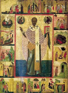 Heiliger Nikolaus von Zaraisk mit Szenen aus seinem Leben, frühes 16. Jahrhundert von Russian icon.