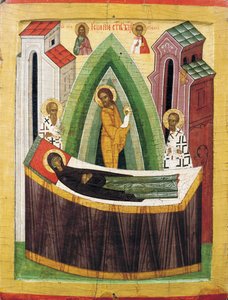 Die Entschlafung der Jungfrau Maria, frühes 15. Jahrhundert von Russian icon.
