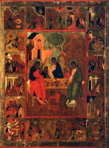 Die Gastfreundschaft Abrahams Altes Testament Dreifaltigkeit, Ende des 16. Jahrhunderts von Russian icon.