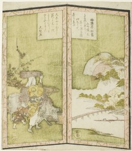 Landschaft und Oharame (eine Frau aus Ohara), aus einem unbetitelten Hexaptychon, das ein Paar Faltbildschirme darstellt von Ryuryukyo Shinsai