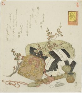 Seetang, tragbares Schreibetui und Pflaumenzweig, Nr. 5 aus der Serie "Die prahlerischen Heldentaten des Hasen (Usagi tegarabanashi)"