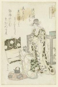 Frau hängt eine Schriftrolle auf von Ryuryukyo Shinsai
