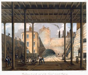 Lagerhäuser usw. am Ende des Tunnels in Richtung Wapping, Liverpool, 1832-1833 von SG Hughes