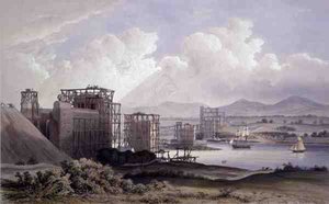 Britannia Tubular Bridge über die Menai-Straße, während des Baus 1848, Lithographie von Day and Son von S. (after) Russell