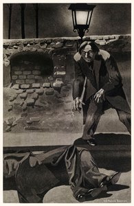 Flüchtete vom Ort dieser Exzesse, zugleich triumphierend und zitternd aus „Der seltsame Fall des Dr. Jekyll und Mr. Hyde“ von Robert Louis Stevenson. Illustration von S.G. Hulme Beamam, 1930 von S. G. Hulme Beamam