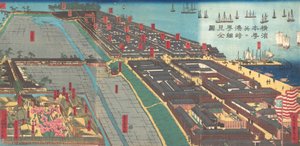 Detaillierter Druck von Yokohama Hon-cho und dem Miyozaki Vergnügungsviertel, 4. Monat, 1860 von Sadahide Utagawa