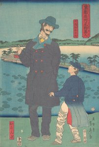 Niederländer und Kind betrachten den Benten-Schrein am Shinobazu-Teich, 7. Monat, 1861 von Sadahide Utagawa