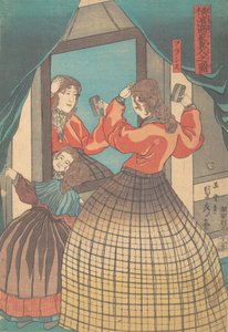 Französische Frau und Mädchen, aus der Serie Ausländische Kaufleute in Yokohama von Sadahide Utagawa