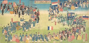 Prozession von Menschen aus fünf Ländern: Holland, Russland, Frankreich, England und Amerika von Sadahide Utagawa