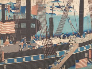 Yokohama-Handel: Westler laden Fracht von Sadahide Utagawa