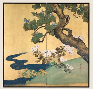 Paulownien und Chrysanthemen, zweiteiliger Bildschirm, späte 1700er-frühe 1800er von Sakai Hoitsu