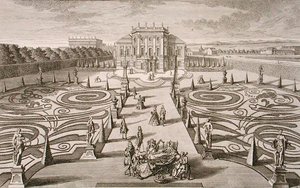 Österreichisches Haus und Garten, graviert von Johann August Corvinus, veröffentlicht um 1730-40 von Salomon (after) Kleiner