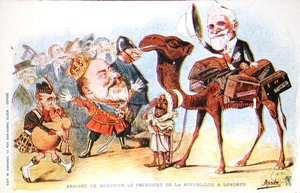 Karikatur der Ankunft des Präsidenten der Französischen Republik, Emile Loubet (1838-1929) in London im Jahr 1903 von Salomon Assus