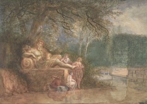 Ein Park mit Figuren an einer Statue in der Nähe von Wasser, 1775 von Salomon Gessner