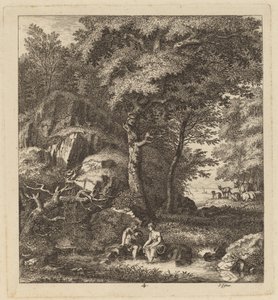 Ein Hirte und eine junge Frau mit ihren Füßen in einem Bach von Salomon Gessner