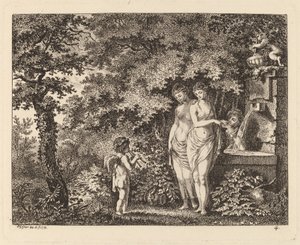 Eros mit drei Mädchen an einem Brunnen von Salomon Gessner