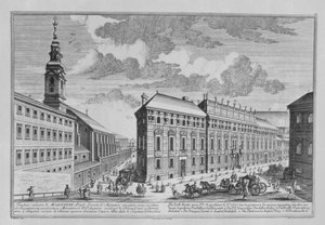 Ansicht der Dorotheergasse mit der Stallburg und der Klosterkirche des Dorotheums, graviert von Hieronymus Sperling (1695-1777) von Salomon Kleiner