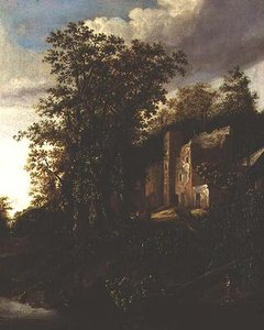 Bewaldete Flusslandschaft mit Bauern bei einem verfallenen Herrenhaus von Salomon Rombouts