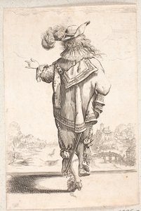 Gehender, rückwärts gewandter Mann mit Federhut, gestikulierend mit seiner linken Hand. Im Hintergrund rechts eine Stadt an einem Fluss