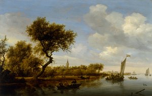 Flusslandschaft mit einer Kirche in der Ferne, ca. 1655-1660