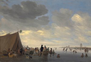 Schlittschuhläufer auf dem zugefrorenen Fluss Lek, die Stadt Vianen im Hintergrund, 1653