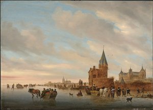 Winterlandschaft mit Eisvergnügen vor einem Capriccio der Stadt Arnheim, 1652 von Salomon van Ruisdael or Ruysdael