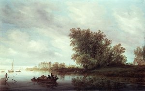 Waldflusslandschaft mit einer Burg