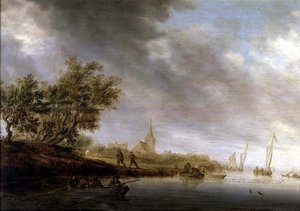 Bewaldete Flusslandschaft mit Lastkähnen von Salomon van Ruisdael or Ruysdael