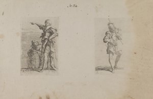 (Figurinenserie) Zwei Männer, einer zeigt nach links, der andere kniet von Salvator Rosa