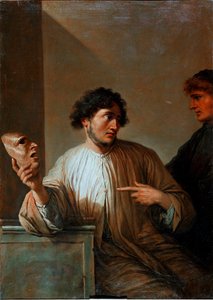 Allegorie der Lüge in Form eines Mannes, der eine Maske hält