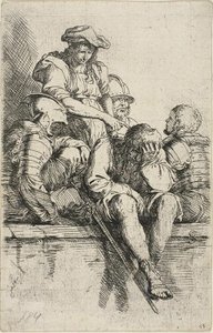 Vier Krieger und ein stehender Jüngling, der auf einen von ihnen zeigt, aus der Figurinen-Serie von Salvator Rosa
