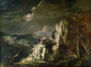 Felsige Landschaft mit einem Jäger und Kriegern von Salvator Rosa